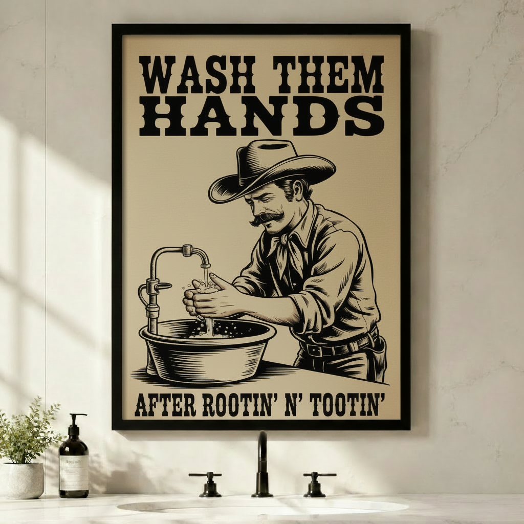 Framed vintage western canvas art with bold text "Wash Them Hands After Rootin' N' Tootin'" featuring a cowboy washing hands at a basin, hung above a modern bathroom sink