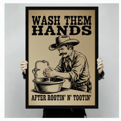 Person holding a large framed canvas featuring bold western-style typography and a detailed sketch of a cowboy washing hands, showcasing the tan background and black frame quality
