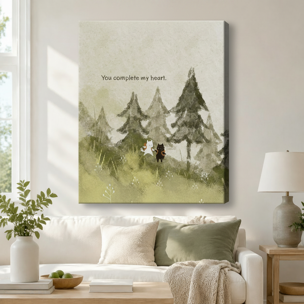 Stretched canvas wall art of a tender watercolor scene featuring a white cat and a black dog side by side in a foggy evergreen forest meadow with the quote you complete my heart in muted sage and misty gray washes, hung in a bright living room above a cream sofa with a sage green pillow and a gray ceramic table lamp