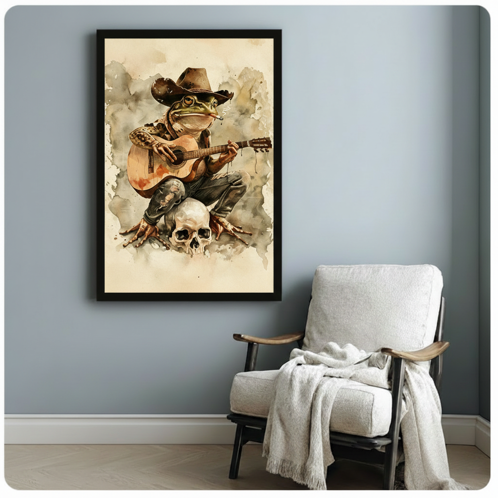Western frog musician with acoustic guitar and cowboy hat framed art print, aged parchment watercolor background, hung beside a linen accent chair on a blue-gray wall