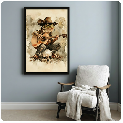 Western frog musician with acoustic guitar and cowboy hat framed art print, aged parchment watercolor background, hung beside a linen accent chair on a blue-gray wall