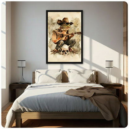Cowboy frog playing acoustic guitar on skull watercolor wall art above a wooden bed with white linen bedding, flanked by minimalist table lamps in a sunlit neutral bedroom