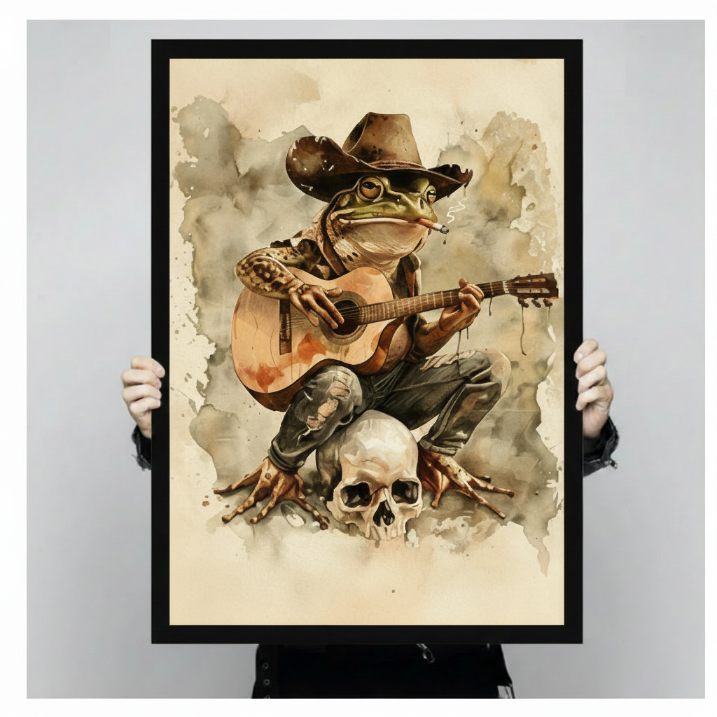 Watercolor cowboy frog playing acoustic guitar on a skull framed poster print held up against a light gray background, showing vintage parchment texture and black frame detai