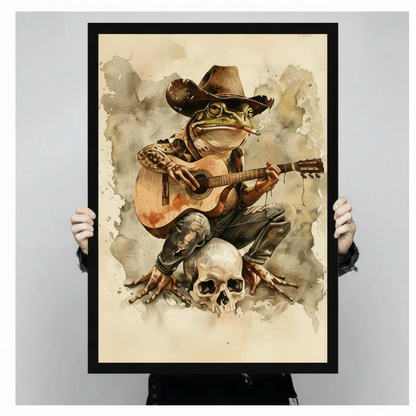Watercolor cowboy frog playing acoustic guitar on a skull framed poster print held up against a light gray background, showing vintage parchment texture and black frame detai