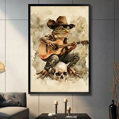Watercolor cowboy frog playing guitar on a skull framed wall art print, vintage western style, displayed in a modern dark living room with candlestick decor