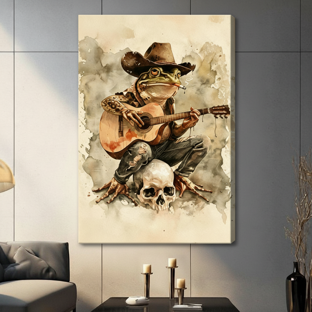 Quirky frog guitarist in cowboy hat sitting on skull canvas wall art, sepia watercolor wash, gallery wrap, dark contemporary living room setting