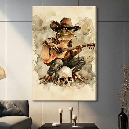 Quirky frog guitarist in cowboy hat sitting on skull canvas wall art, sepia watercolor wash, gallery wrap, dark contemporary living room setting