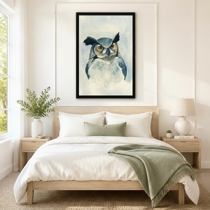 Blue white watercolor owl framed canvas wall art hung above bed as serene nature-inspired bedroom focal point