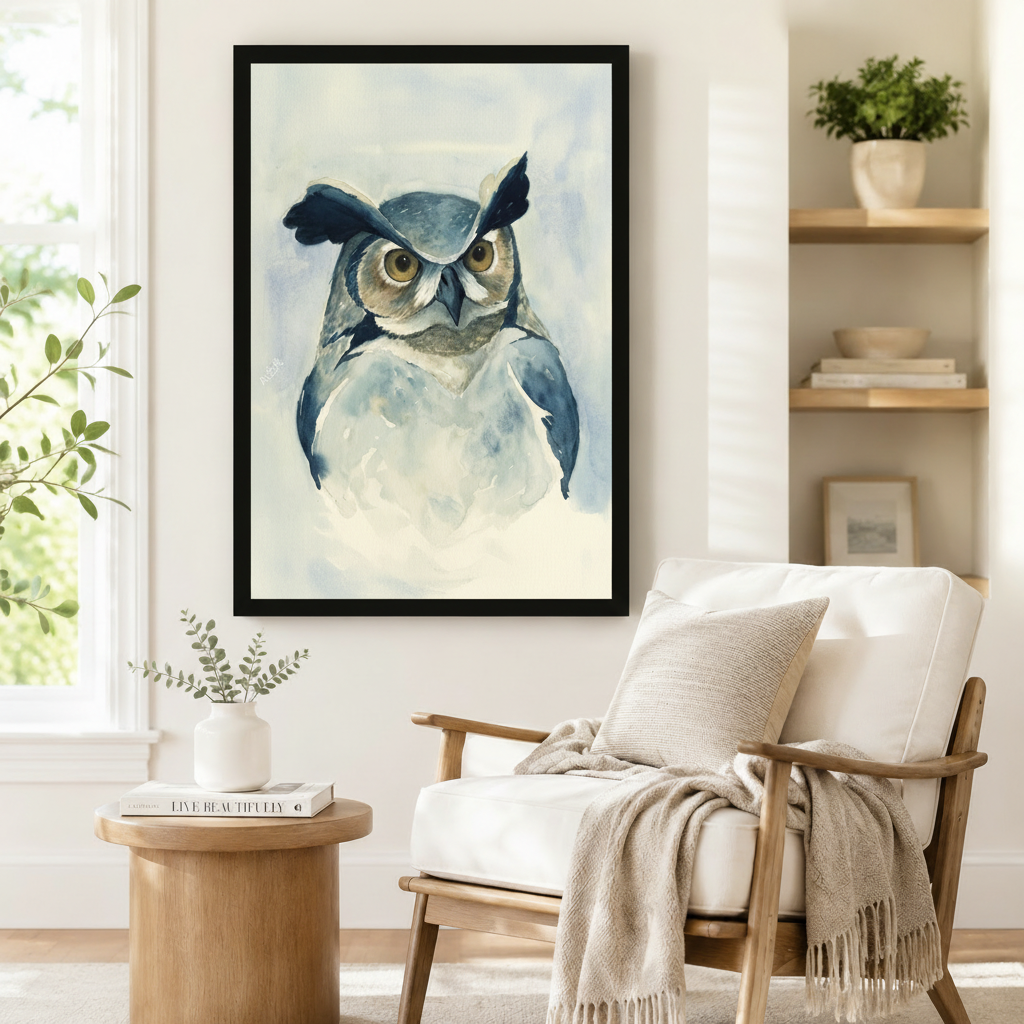 Blue grey watercolor owl framed wall art print beside armchair in cozy Scandinavian-style reading nook