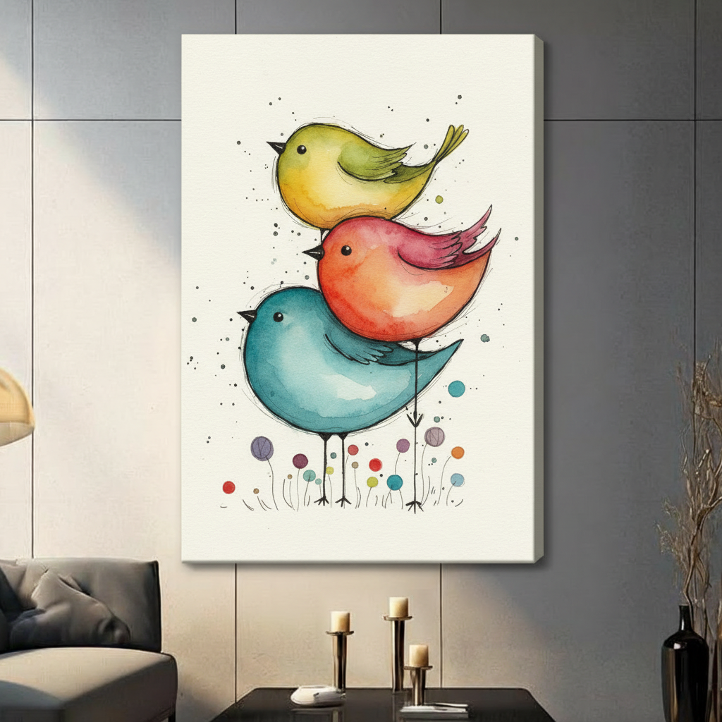 Cute hand-drawn watercolor three birds stacked vertically in teal blue, coral orange, and lime green with ink outline and colorful round dot wildflowers on white background stretched canvas wall art print hanging in a contemporary living room with dark gray tiled wall