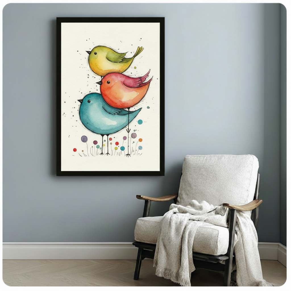Playful watercolor illustration of three round birds stacked in a tower with blue base bird, orange-red middle bird, and yellow-green top bird surrounded by colorful dot flowers and ink splatter on cream background framed art poster displayed beside a white fabric lounge chair with draped throw blanket