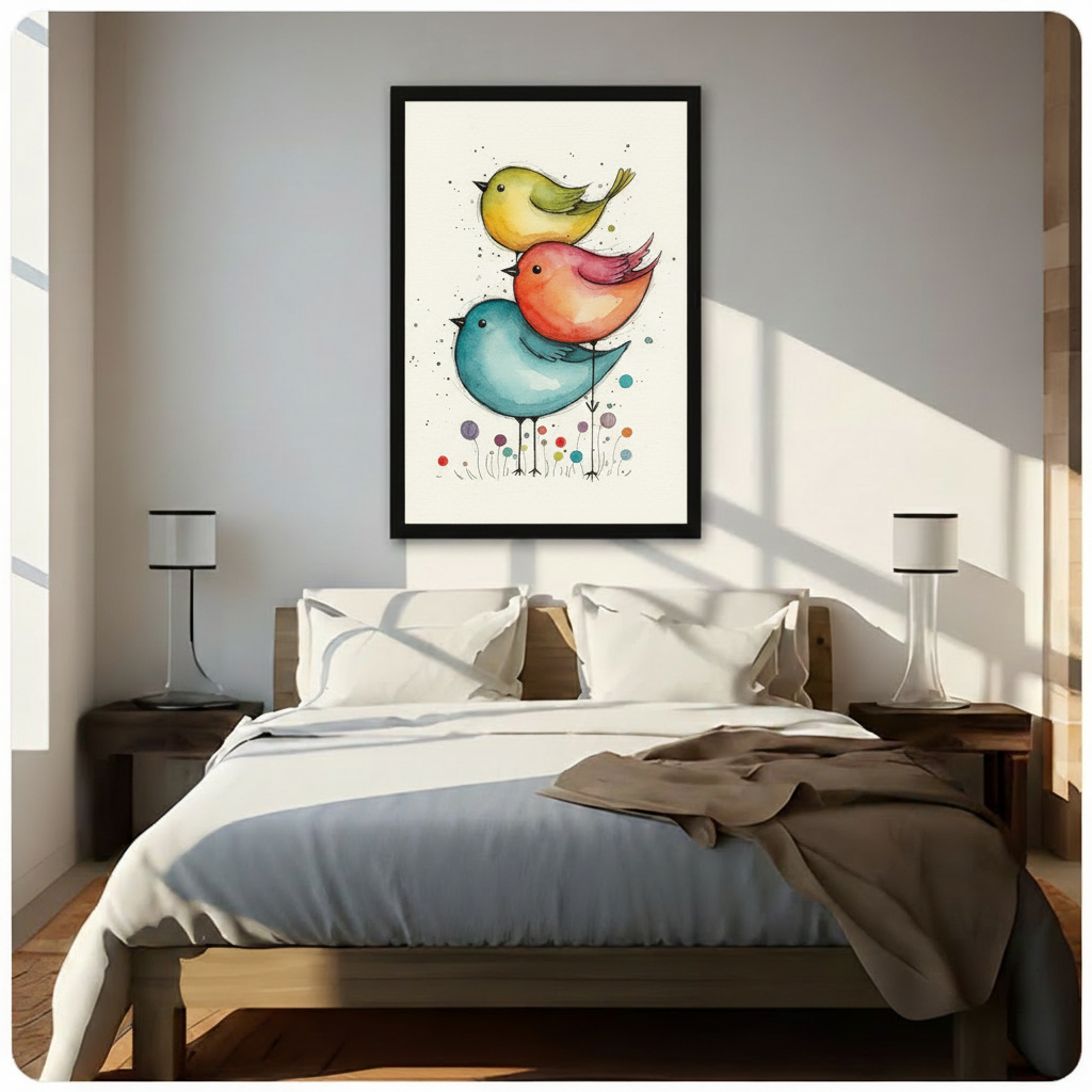 Colorful watercolor three birds stacked illustration with chubby teal blue, orange-red, and yellow-green birds and rainbow dot wildflowers on cream background framed wall art print hanging above a modern bedroom bed with white linen bedding, dark wood nightstands, and minimalist white table lamps