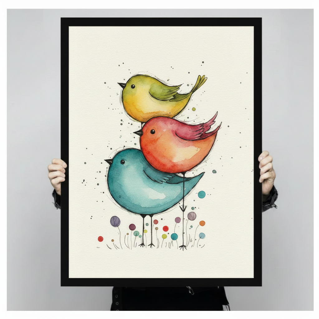 Charming hand-painted watercolor stacked bird trio in teal, coral, and chartreuse with whimsical ink line details and multicolor dot floral stems on white background framed wall art print held up for size reference against a light gray neutral background