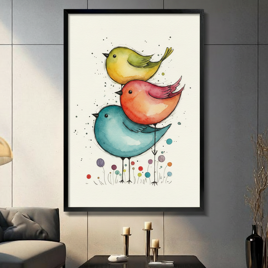 Whimsical watercolor stacked birds illustration with blue, orange-red, and yellow-green chubby birds piled on top of each other with colorful dot flowers on cream background framed wall art print displayed in a living room with dark gray sofa, pillar candle holders, and black decorative va