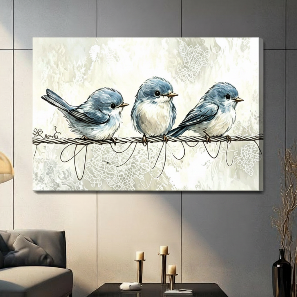Watercolour painting of three blue birds sitting on a twisted wire, gallery wrap canvas art on a light gray living room wall