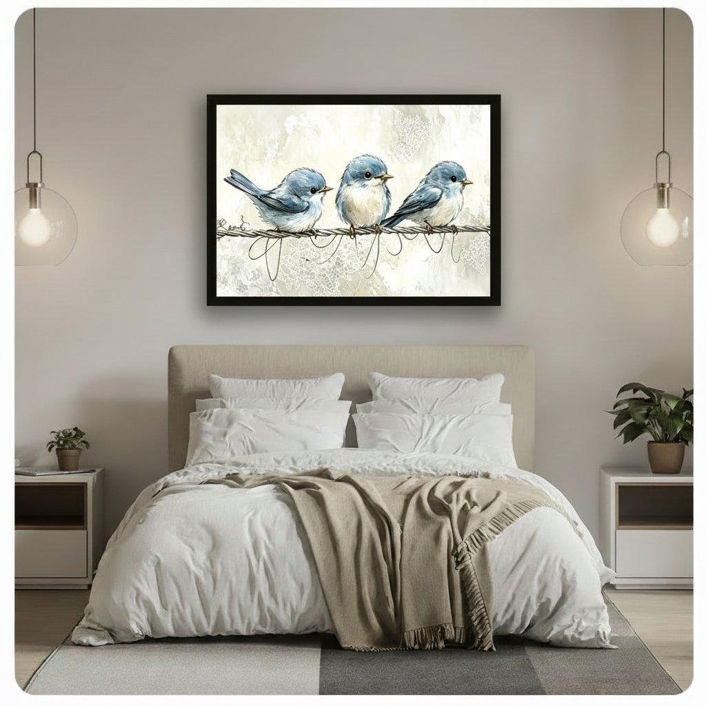 Blue birds on wire watercolour framed canvas art above a bed with white linen bedding, a taupe throw blanket, white nightstands, potted plants, and globe pendant lights