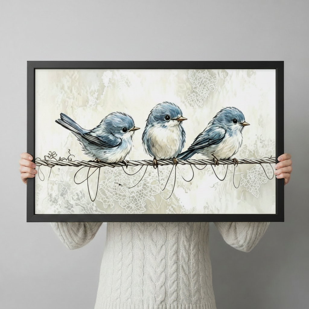 Three chubby blue birds on a wire watercolour framed print held up against a light gray background, showing print size and frame detail