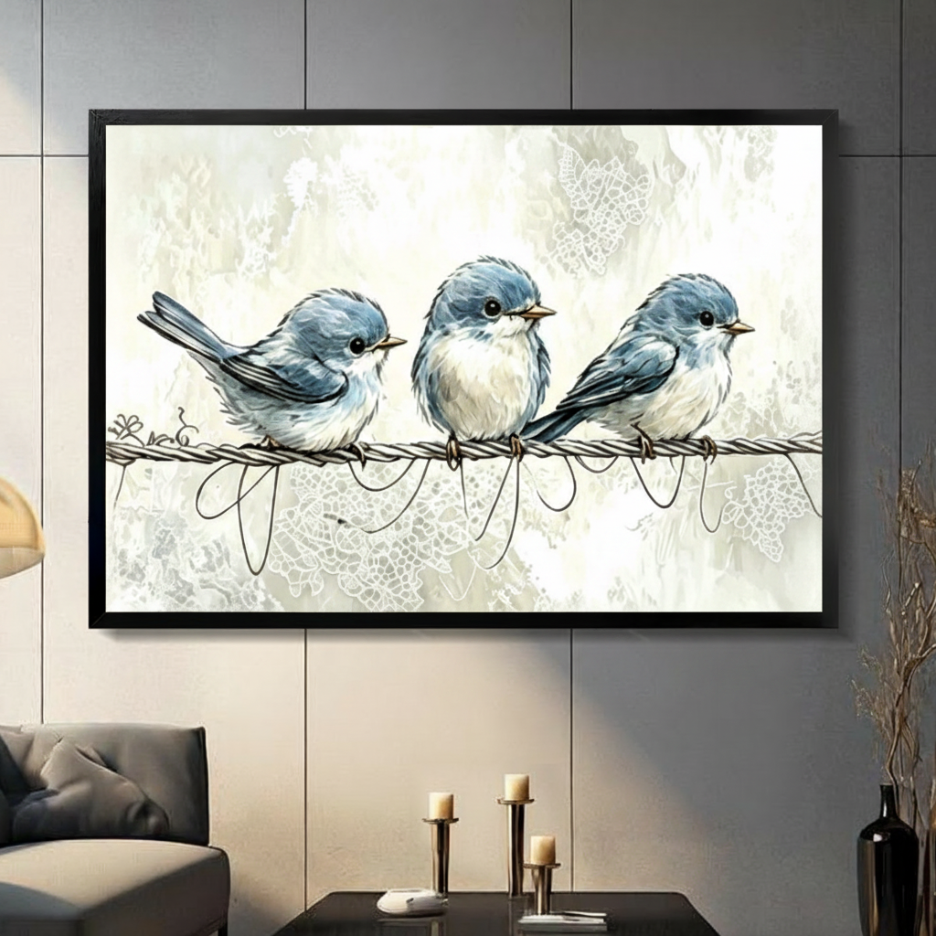 Three fluffy blue birds perched on a wire, watercolour framed canvas art displayed on a dark gray living room wall above a console table with candles