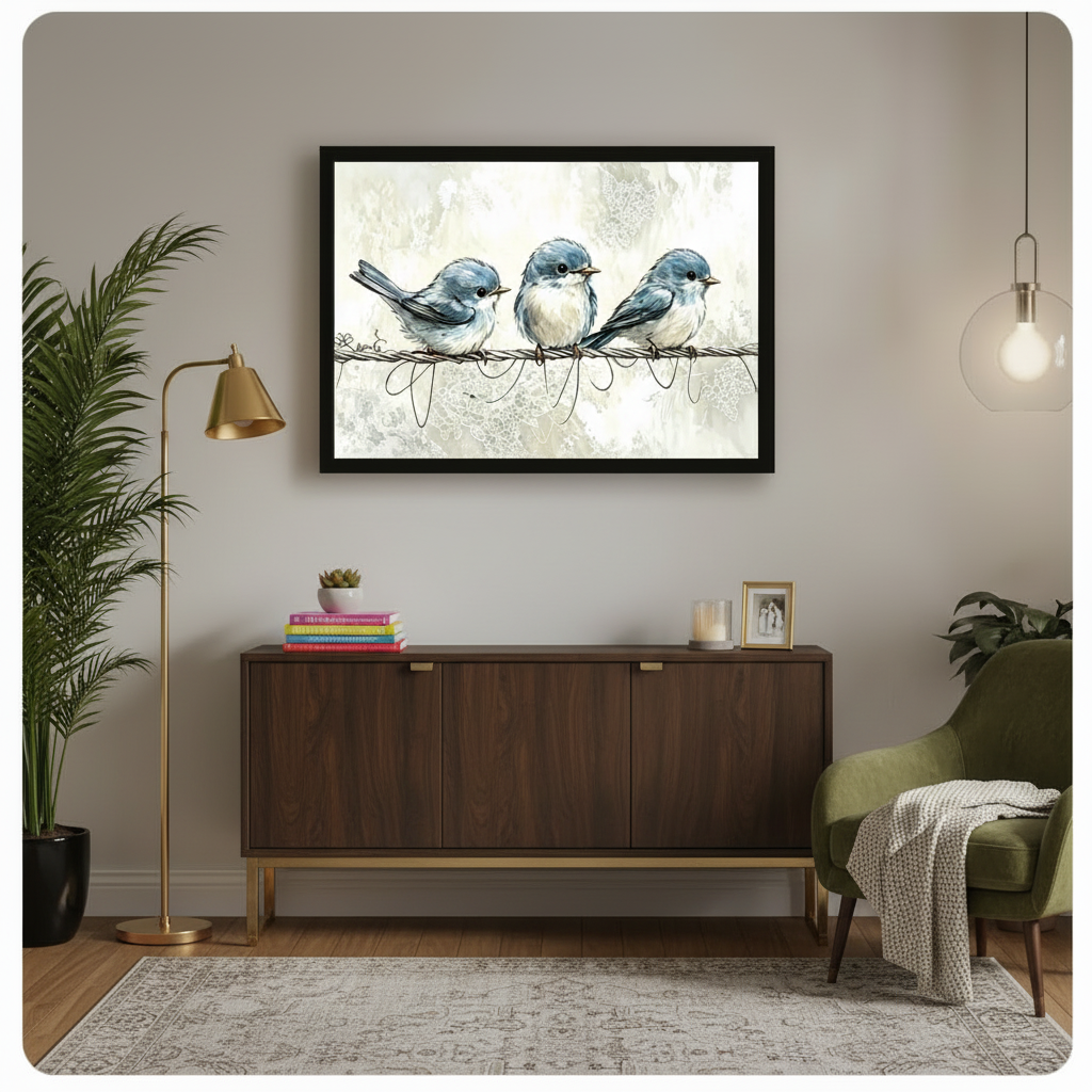 Framed watercolour art print of three blue birds perched on a wire, displayed above a dark walnut sideboard in a modern living room with a gold floor lamp and green armchair