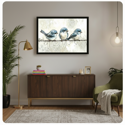 Framed watercolour art print of three blue birds perched on a wire, displayed above a dark walnut sideboard in a modern living room with a gold floor lamp and green armchair