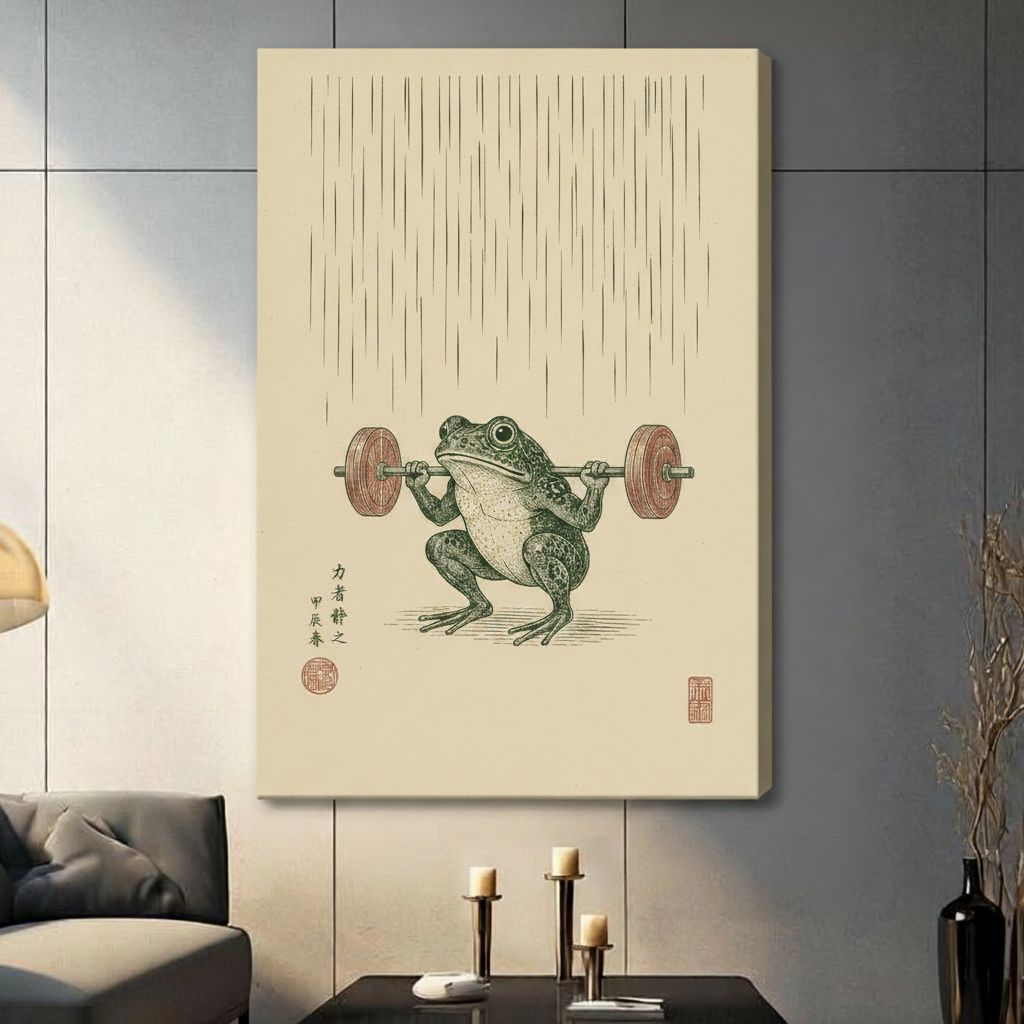 Japanese woodblock style illustration of a muscular green frog lifting a wooden barbell in a squat stance with vertical rain line texture red seal stamps and Chinese calligraphy on a warm cream paper background frog gym wall art stretched canvas in a living room with dark gray panel wall dark sofa and black vase