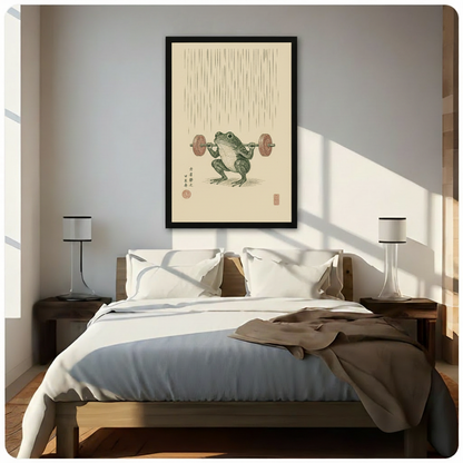 Japanese woodblock print of a green frog squatting to lift a barbell with wooden weight plates vertical rain line texture and red Chinese calligraphy stamps on a warm cream aged paper background frog weightlifting wall art framed print above a bedroom with white linen bedding dark wood bed frame and cylindrical table lamps