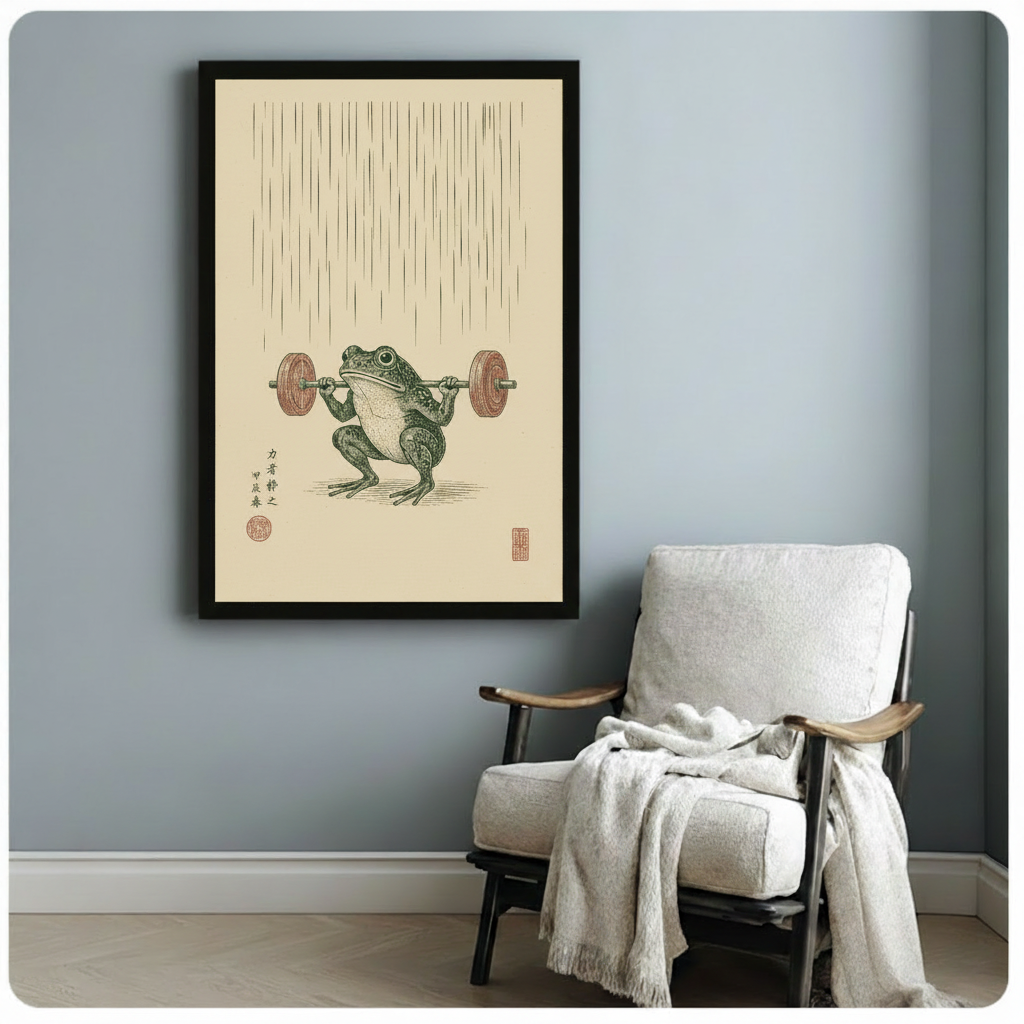 Woodblock print of a green frog powerlifting a barbell with wooden plates vertical rain line background and red Chinese seal stamps on aged cream paper quirky frog wall art framed print beside a white linen armchair on a blue gray wall