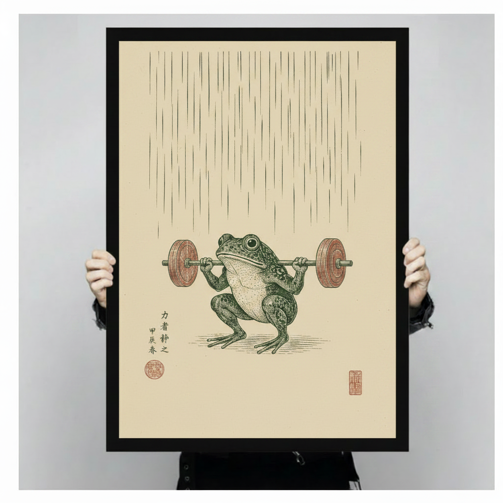 Japanese woodblock illustration of a determined green frog lifting a wooden barbell in squat position with vertical line rain texture and red seal stamps on cream paper funny frog gym wall art framed print held against a light gray background