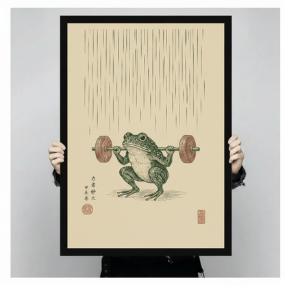 Japanese woodblock illustration of a determined green frog lifting a wooden barbell in squat position with vertical line rain texture and red seal stamps on cream paper funny frog gym wall art framed print held against a light gray background