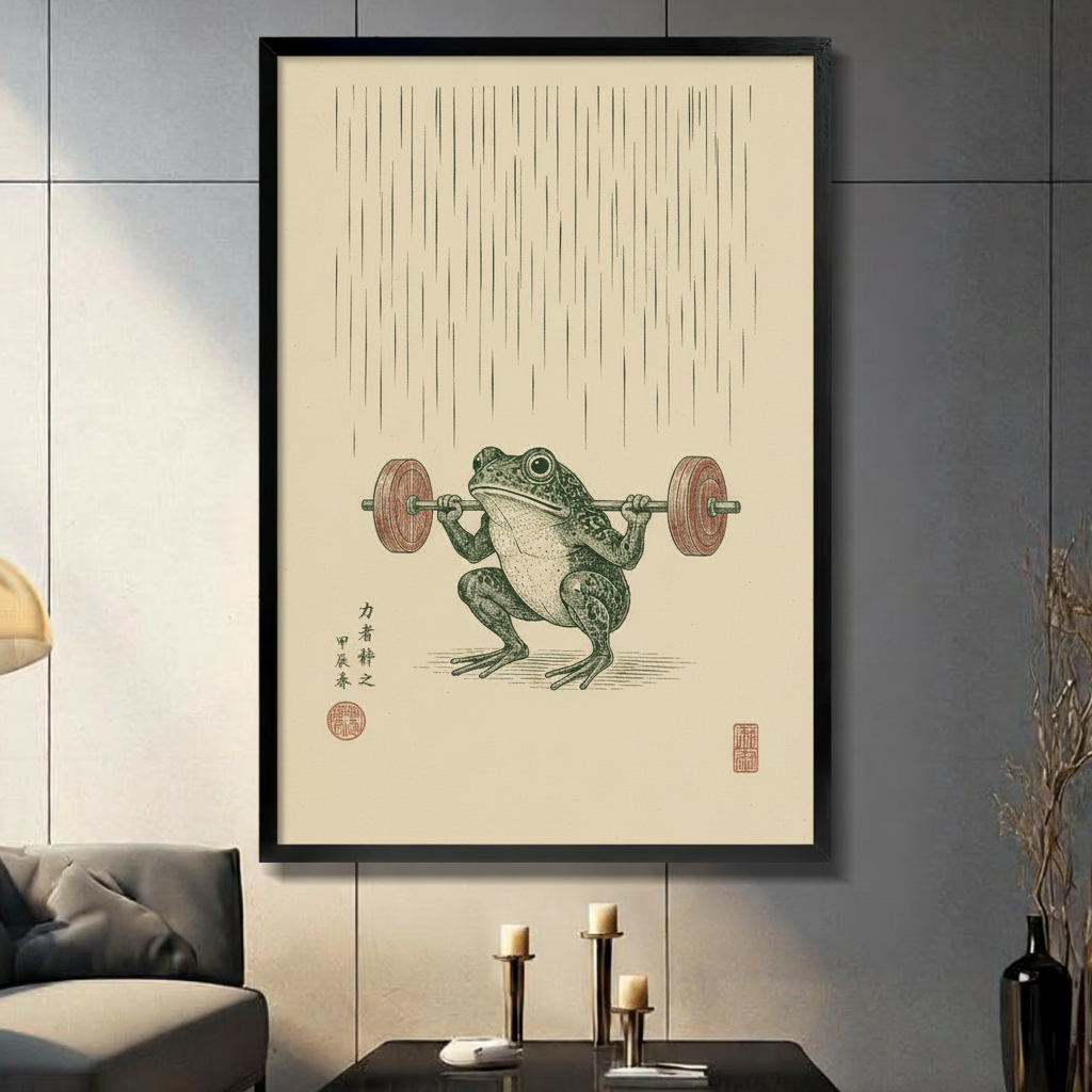 Japanese woodblock print of a green frog squatting and lifting a barbell with wooden weight plates with vertical rain line texture and Chinese calligraphy stamps on a cream aged paper background frog weightlifting wall art framed print in a living room with dark gray panel wall dark sofa and black vase