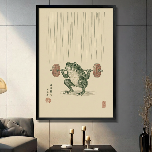 Japanese woodblock print of a green frog squatting and lifting a barbell with wooden weight plates with vertical rain line texture and Chinese calligraphy stamps on a cream aged paper background frog weightlifting wall art framed print in a living room with dark gray panel wall dark sofa and black vase