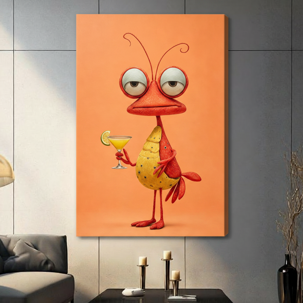 3D cartoon of a red alien-like bird with droopy eyes curly antennae round yellow polka-dot belly and skinny red legs holding a yellow margarita with lime against a flat coral orange background quirky cocktail bird wall art stretched canvas in a living room with dark gray panel wall dark sofa and black vase