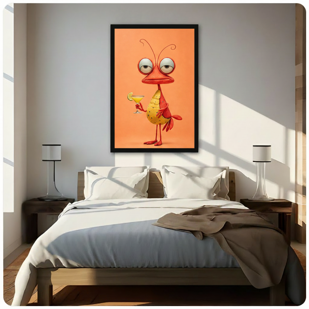 3D cartoon illustration of a red quirky bird with sleepy oversized eyes curly antennae round yellow spotted belly and long thin legs casually holding a margarita glass on a coral orange background funny bird cocktail wall art framed print above a bedroom with white linen bedding dark wood bed frame and white table lamps