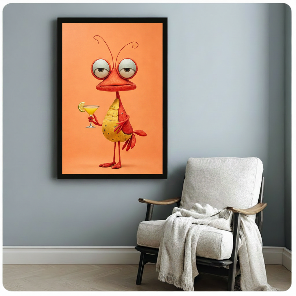 3D cartoon illustration of a red quirky bird with giant sleepy eyes curly antennae yellow dotted belly and long thin legs holding a margarita glass on a coral orange background funny bird wall art framed print beside a white linen armchair on a blue gray wall