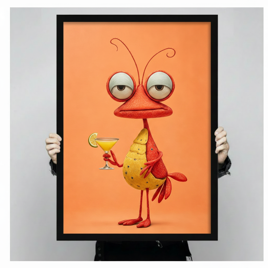 3D cartoon of a red strange bird character with oversized droopy eyes spiral antennae round yellow polka-dot belly and thin red clawed legs holding a lime margarita against a coral orange background funny cocktail wall art framed print held against a light gray background