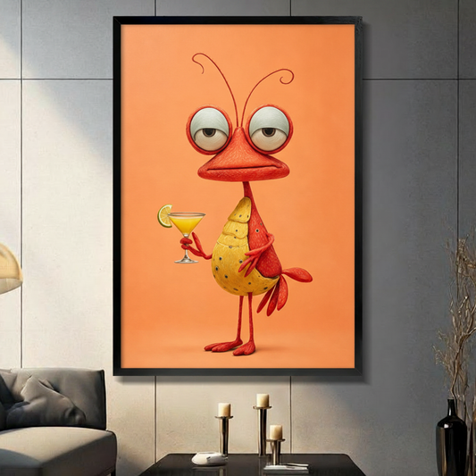 3D cartoon illustration of a red quirky bird with oversized sleepy eyes curly antennae yellow spotted belly and long thin legs holding a margarita glass against a coral orange background funny bird cocktail wall art framed print in a living room with dark gray panel wall dark sofa and black vase