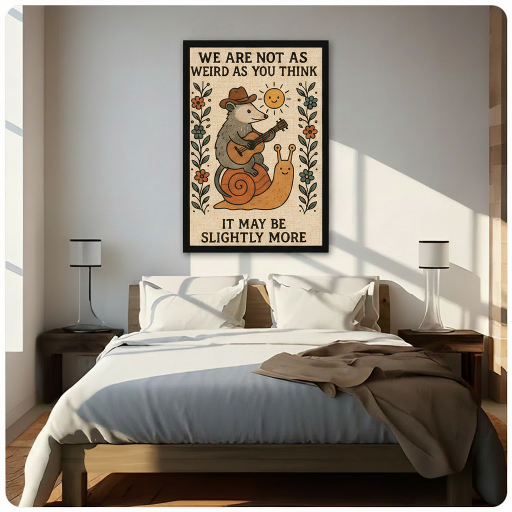 Black framed quirky opossum riding snail folk art canvas wall art hung above a dark wood bed with white linen bedding in a sunlit neutral bedroom with warm diagonal light and white table lamps