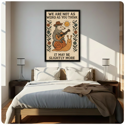Black framed quirky opossum riding snail folk art canvas wall art hung above a dark wood bed with white linen bedding in a sunlit neutral bedroom with warm diagonal light and white table lamps