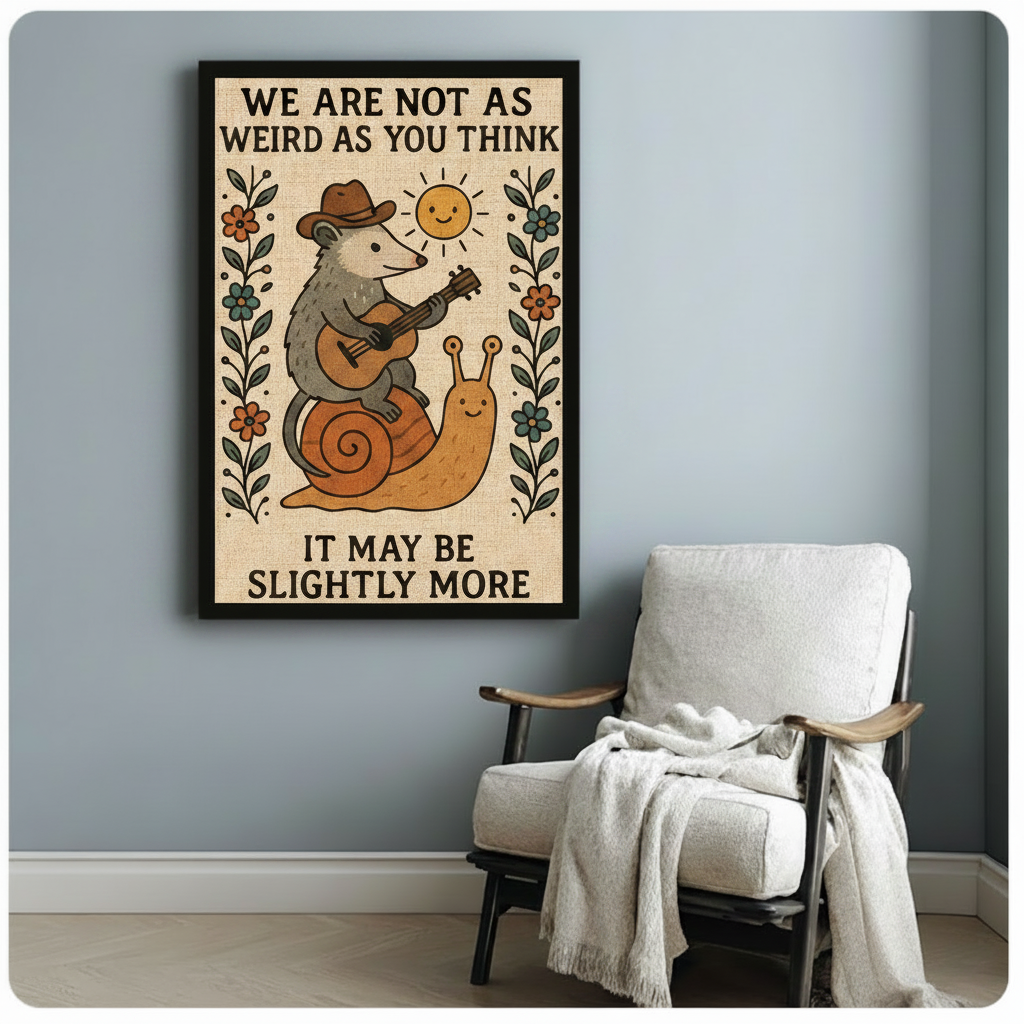 Black framed cottagecore opossum and snail humor quote canvas print hung on a soft blue-gray wall beside a white linen wood armchair with a cream knit throw blanket draped over the arm