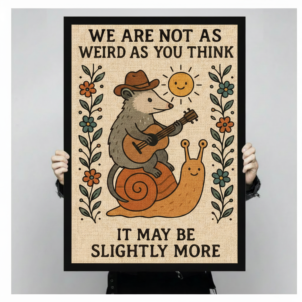 Hands in black sleeves holding a large black framed funny opossum guitar snail canvas art print with vintage linen background against a neutral gray background, front-facing size display