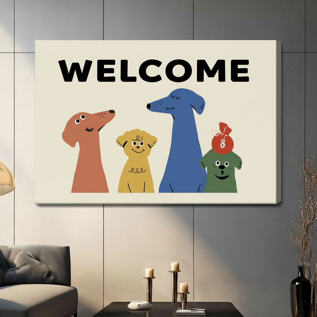 Gallery wrapped canvas print featuring four illustrated dogs with welcome text, hung on living room wall