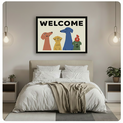 Framed cartoon dogs welcome wall art above bed in cozy neutral bedroom interior lifestyle setting