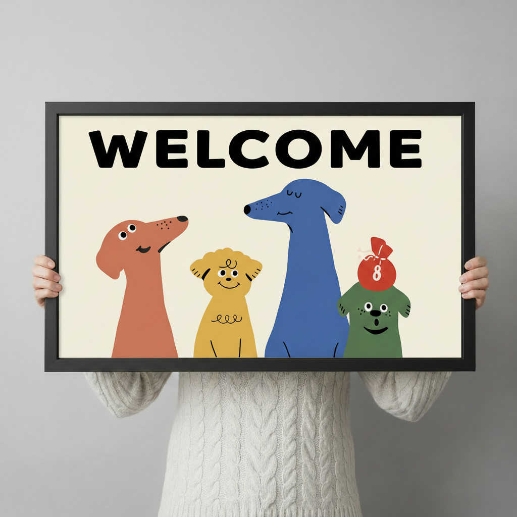 Person holding framed welcome dogs poster art print showing actual size, black frame with cream background
