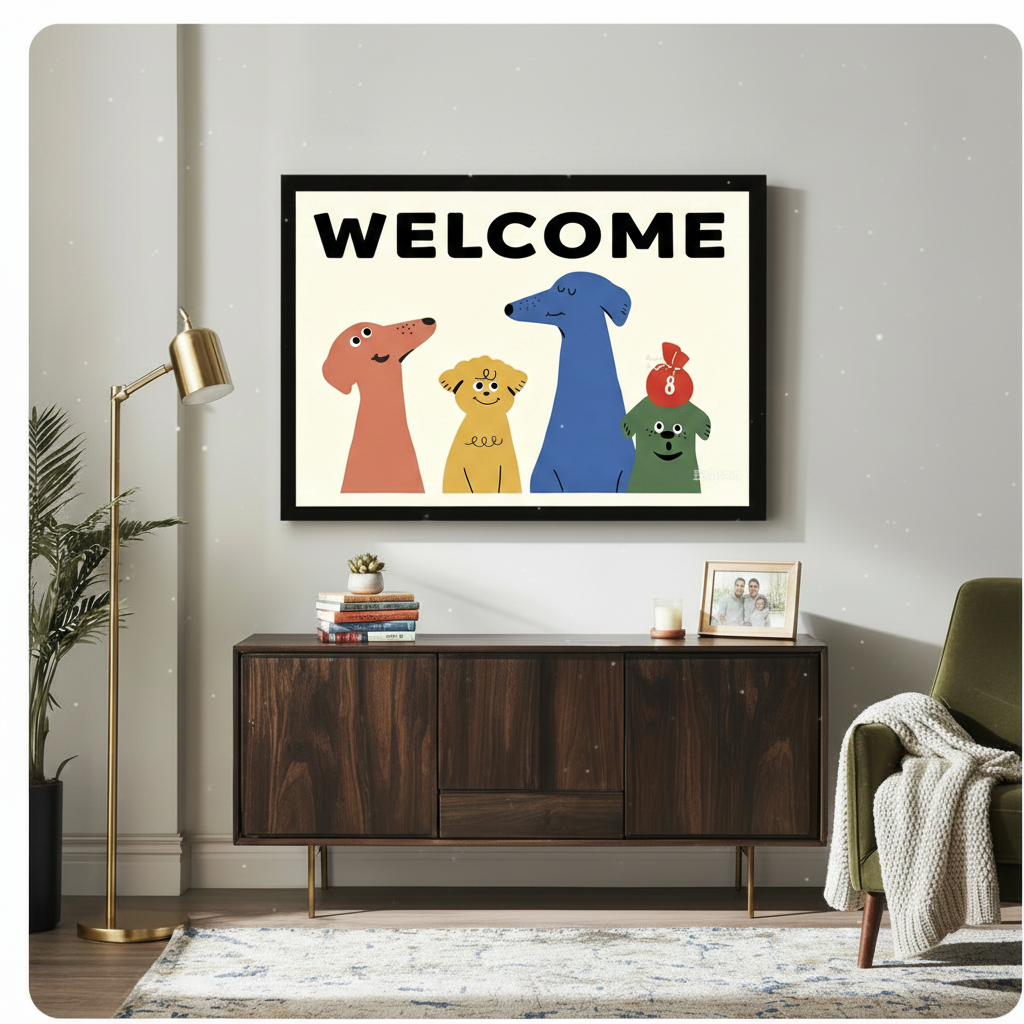 Whimsical welcome dogs framed wall print styled above wooden sideboard in mid-century modern living room