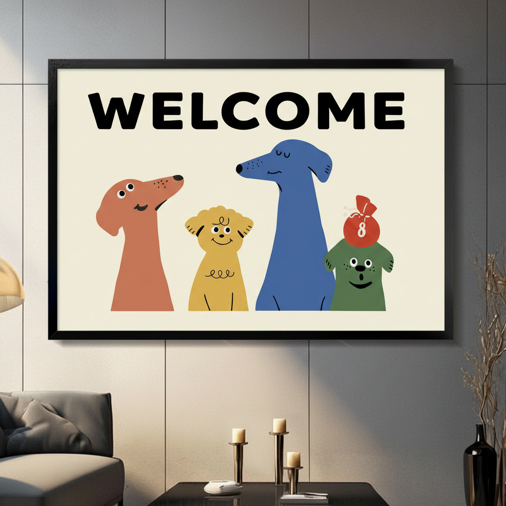 Colorful cartoon dogs welcome framed wall art print displayed in modern living room above coffee table