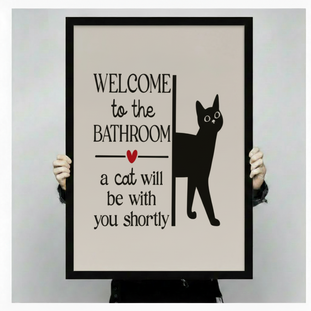 Hands holding large framed Welcome to the Bathroom black cat canvas print - full artwork detail of humorous cat typography with bold serif font red heart and black cat silhouette on cream background