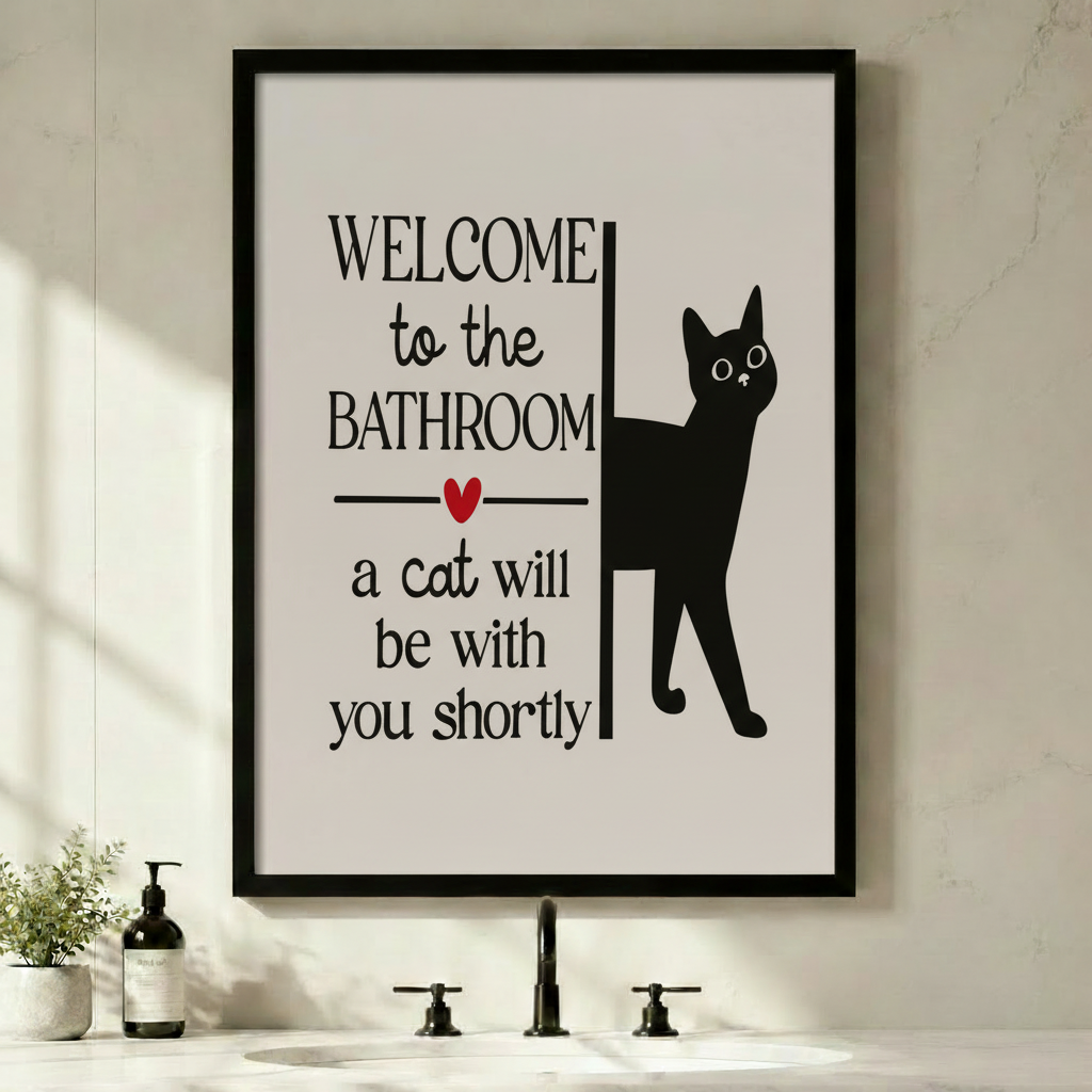 Welcome to the Bathroom a cat will be with you shortly framed wall art above modern black faucet sink - funny black cat typography canvas print with red heart for bathroom decor