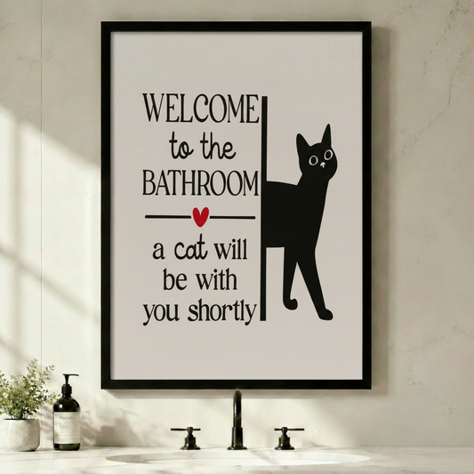 Welcome to the Bathroom a cat will be with you shortly framed wall art above modern black faucet sink - funny black cat typography canvas print with red heart for bathroom decor