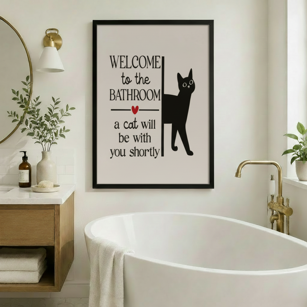 Welcome to the Bathroom black cat framed canvas above freestanding bathtub in Nordic bathroom with gold sconce round mirror and oak vanity - funny cat wall art for spa-style bathroom decor