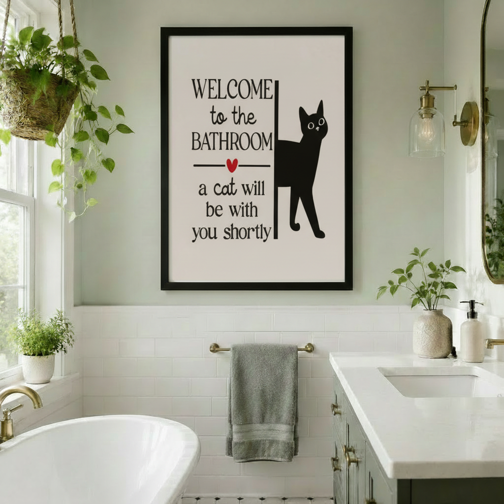 Welcome to the Bathroom funny black cat framed wall art in bright white tile bathroom with hanging plants gold towel bar and double vanity - humorous cat typography canvas print for cheerful bathroom decor